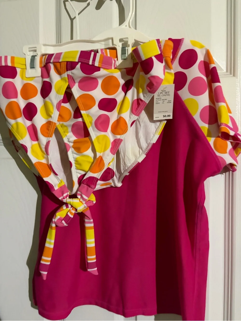 NWOT Girls Pink Multicolor Polka Dot Bikini Set w/Rash Guard Top